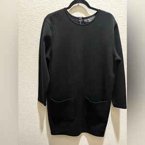 Andrea Jovine Black 100% Wool Crewneck Sweater Dress with Front Pockets